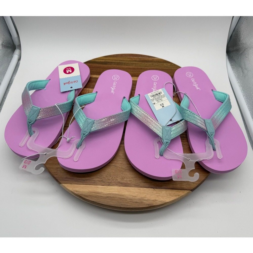 2 Pair Cat & Jack Girls M 2/3 Purple Teal Glitter Flip Flop Sandals 2421